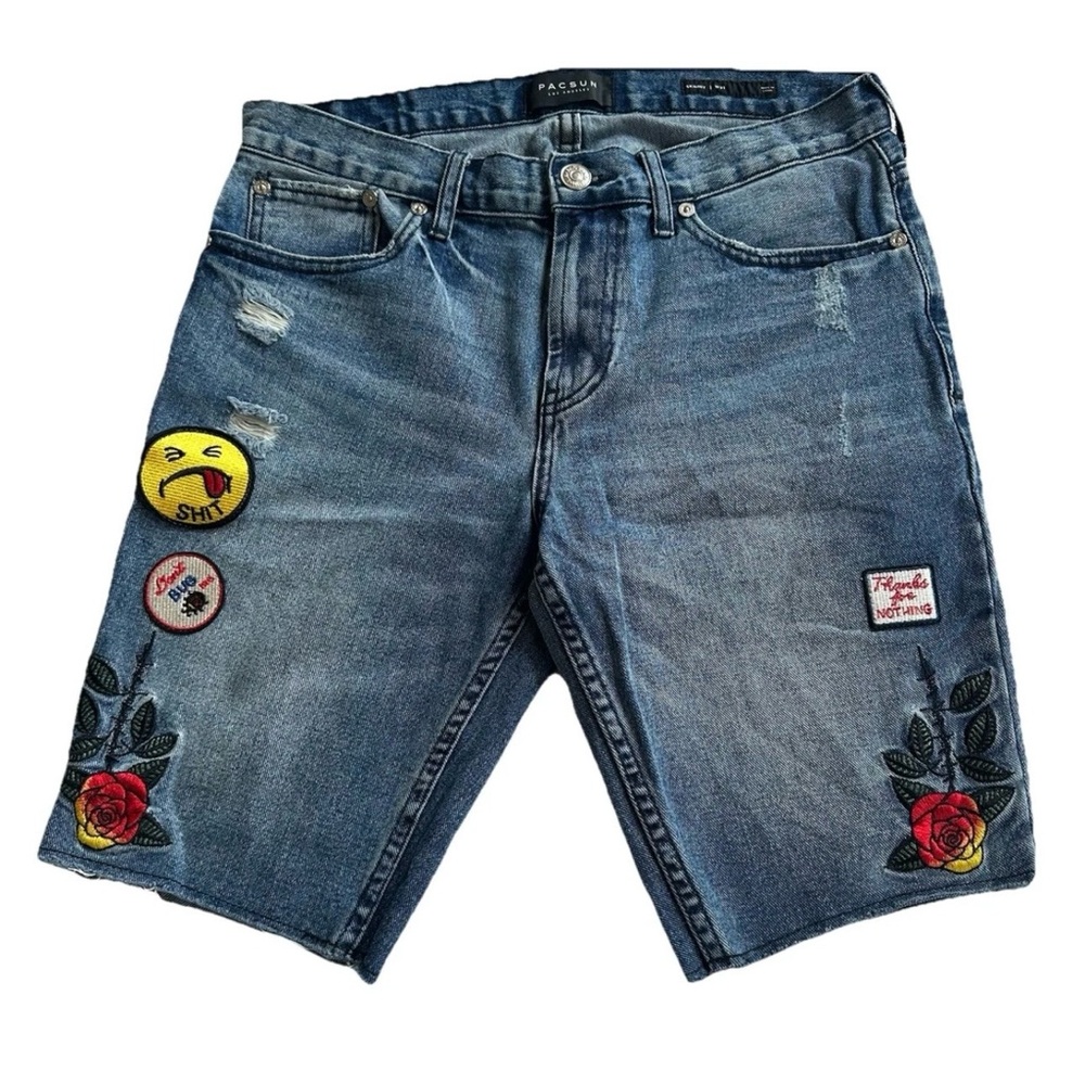 Y2K PacSun Skinny Denim Cutoff Shorts -M 31-Streetwear Indie DIY Patches Roses